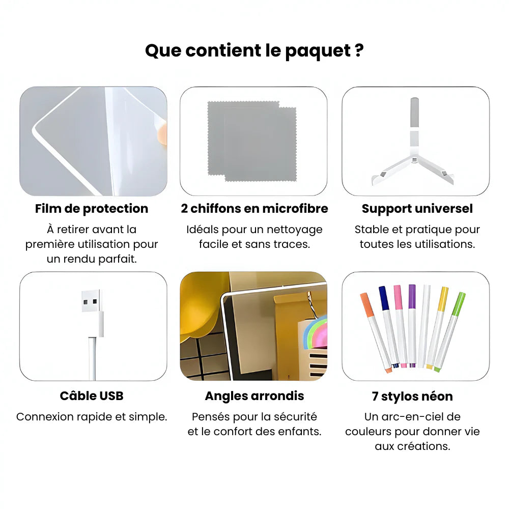 Contenu du tableau magique lumineux LED enfant avec stylos néon et câble USB