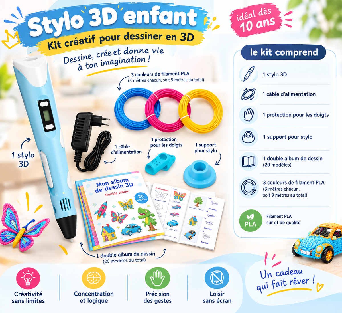 Stylo 3D enfant – Kit créatif pour dessiner en 3D dès 10 ans