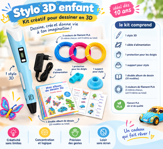 Stylo 3D enfant – Kit créatif pour dessiner en 3D dès 10 ans