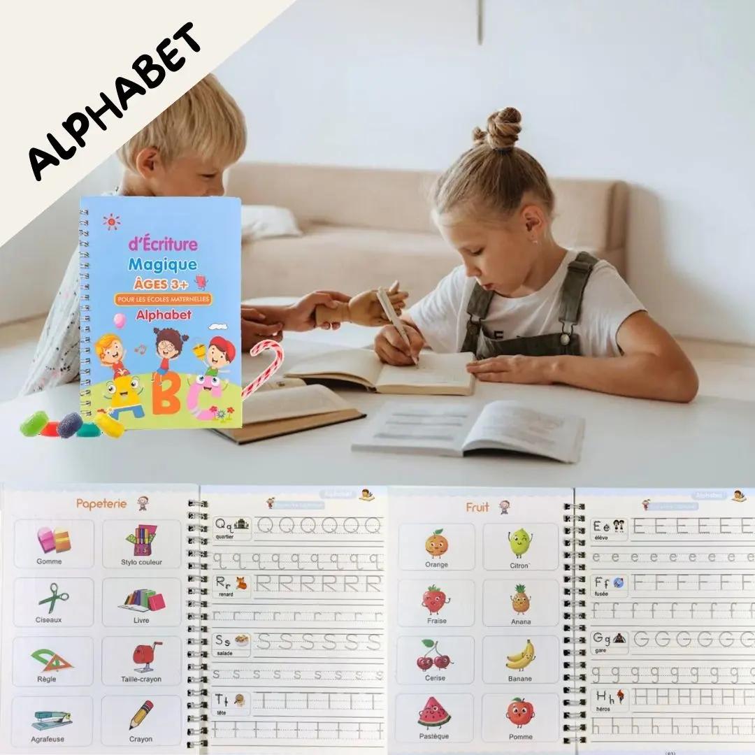 Enfants apprenant l’alphabet avec un cahier d’écriture magique Montessori 3 à 6 ans