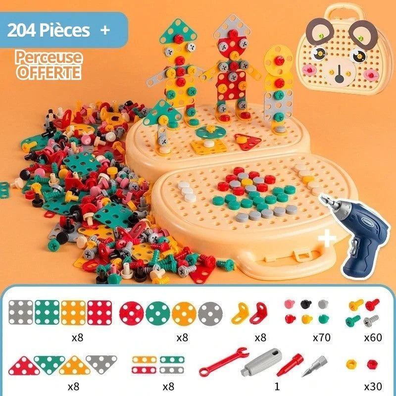 Boîte à outils Montessori 204 pièces avec perceuse offerte pour enfant 3 à 6 ans