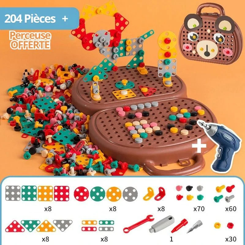 Boîte à outils Montessori marron 204 pièces avec perceuse pour enfant 3 à 6 ans