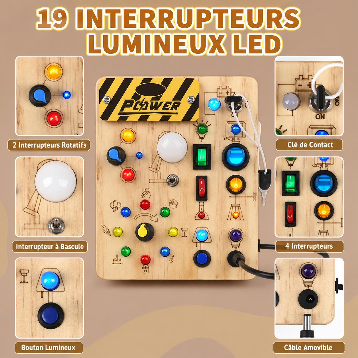 Busy Board Montessori LED avec 19 interrupteurs lumineux pour développer la motricité fine des enfants dès 3 ans
