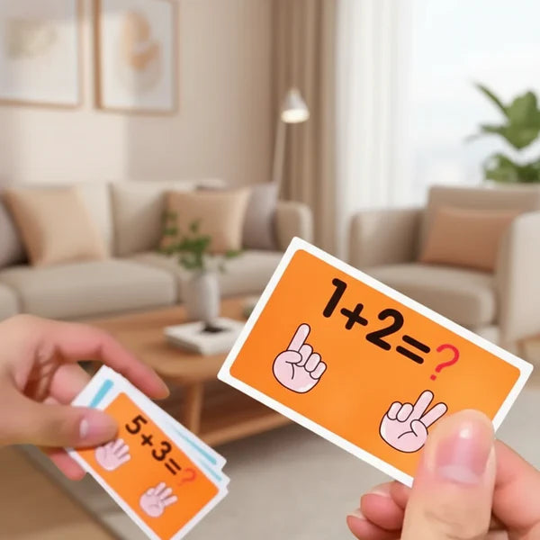 Carte d’addition pour enfant montrant le calcul 1+2 avec comptage aux doigts
