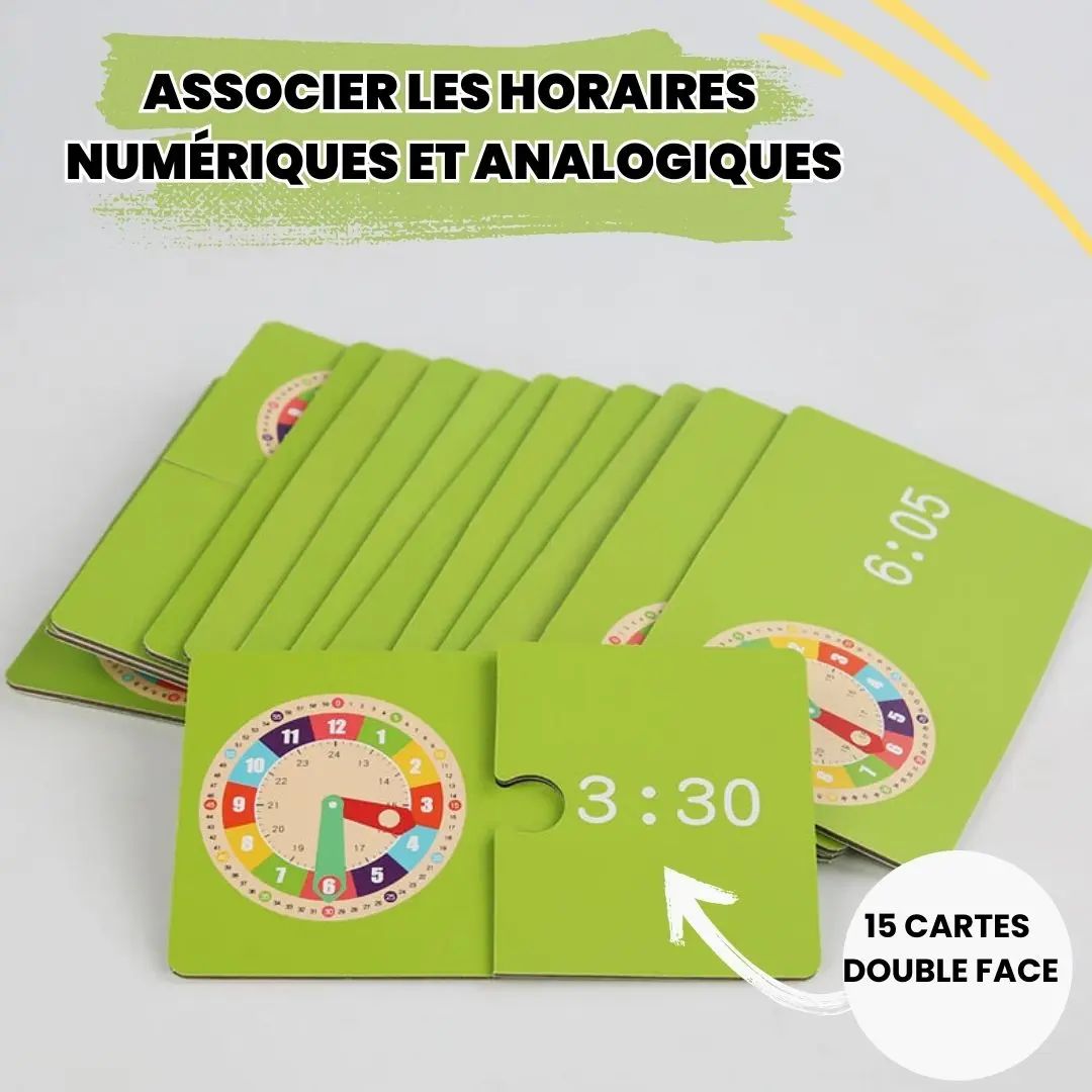 Cartes Montessori double face pour associer l’heure numérique et l’heure analogique