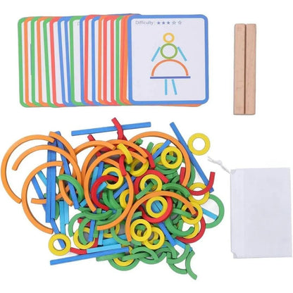 Contenu complet du jeu Montessori créatif avec cartes éducatives et pièces en bois