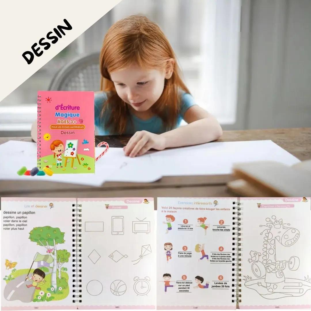 Enfant utilisant le cahier d’écriture magique Montessori pour des exercices de dessin dès 3 ans