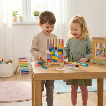 Enfants jouant avec un puzzle Montessori en bois éducatif et créatif