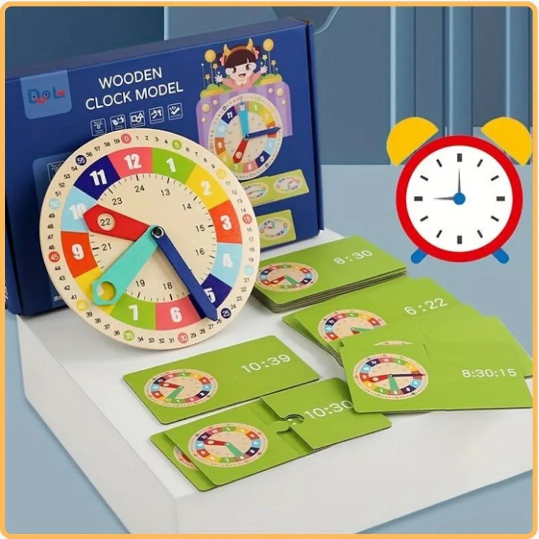 Horloge Montessori en bois avec cartes d’apprentissage pour apprendre à lire l’heure dès 3 ans