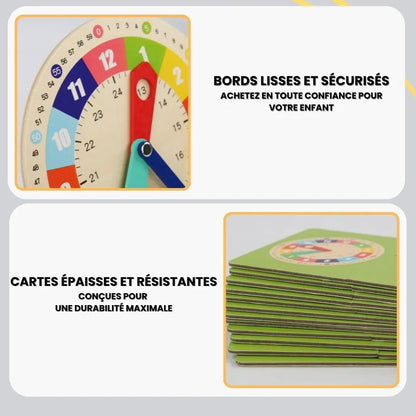 Détails de l’horloge Montessori en bois avec bords lisses sécurisés et cartes épaisses résistantes