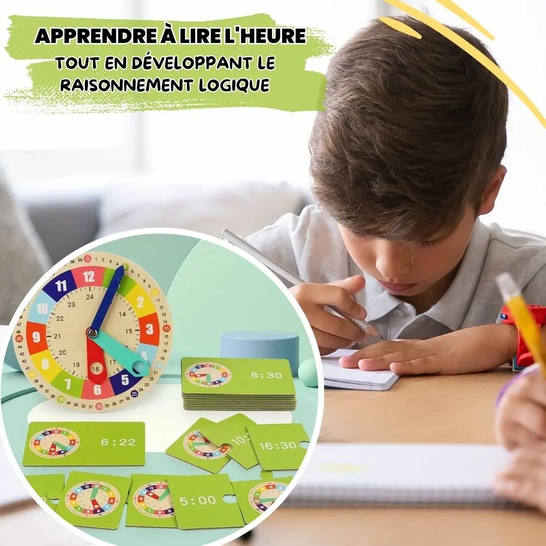 Enfant utilisant une horloge Montessori en bois pour apprendre à lire l’heure et développer son raisonnement logique