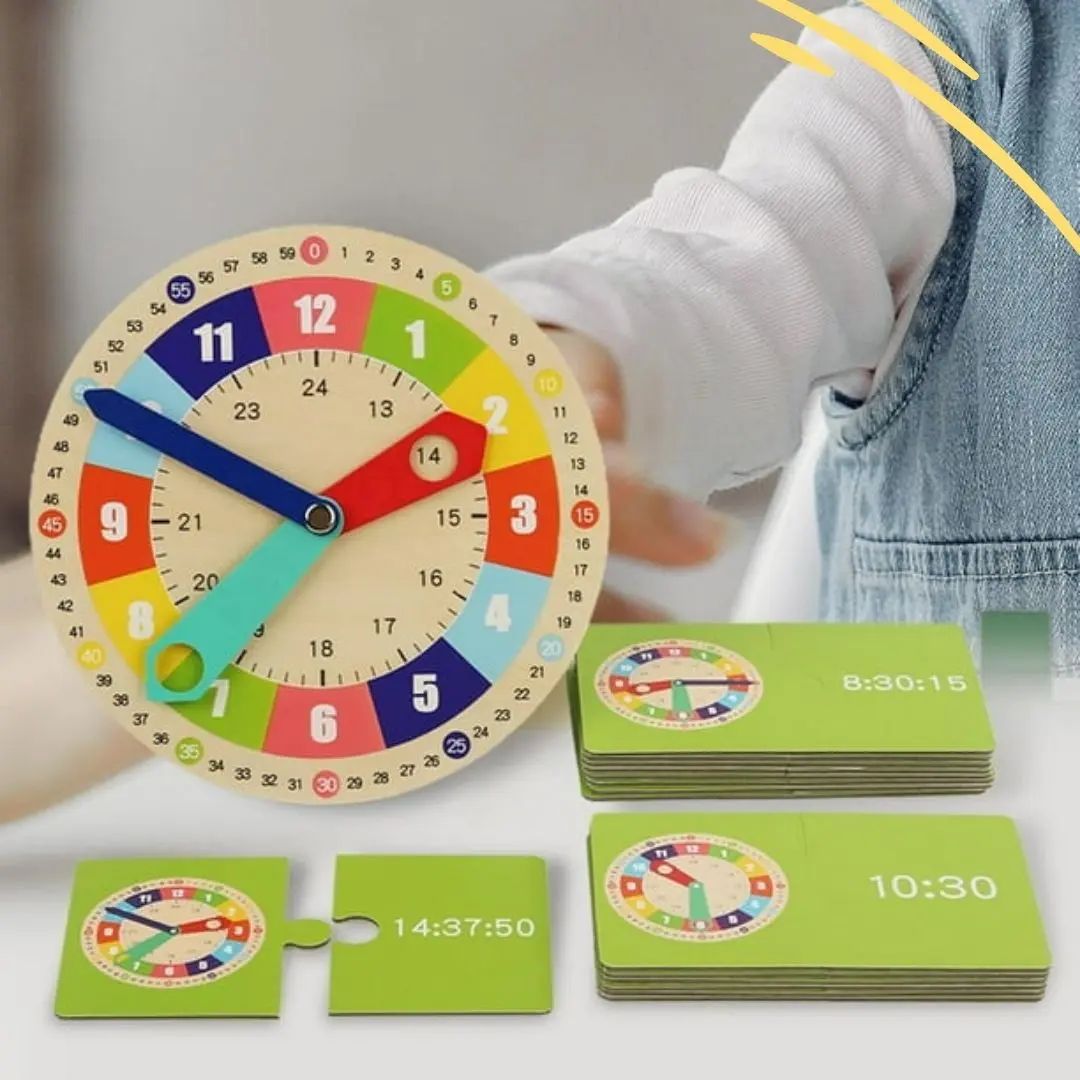 Horloge pédagogique Montessori en bois avec cartes pour apprendre les heures, minutes et secondes