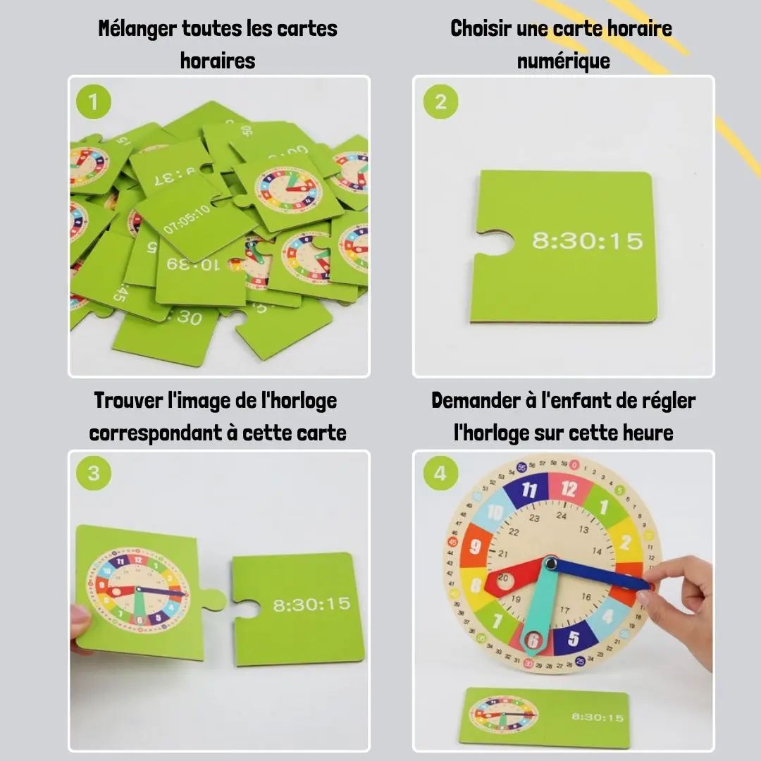 Étapes du jeu Montessori pour apprendre à lire l’heure avec cartes horaires et horloge en bois