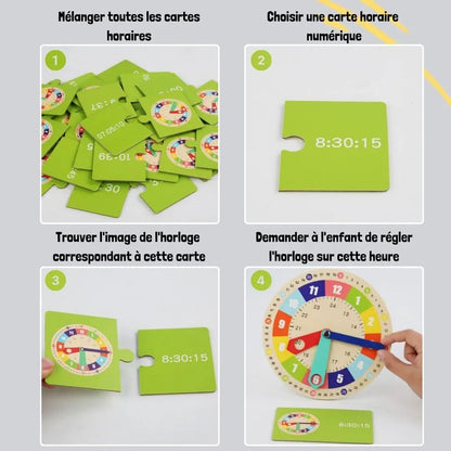 Étapes du jeu Montessori pour apprendre à lire l’heure avec cartes horaires et horloge en bois