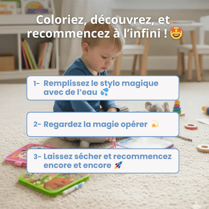 Enfant utilisant un livre de coloriage magique à l’eau avec stylo réutilisable pour colorier et recommencer à l’infini