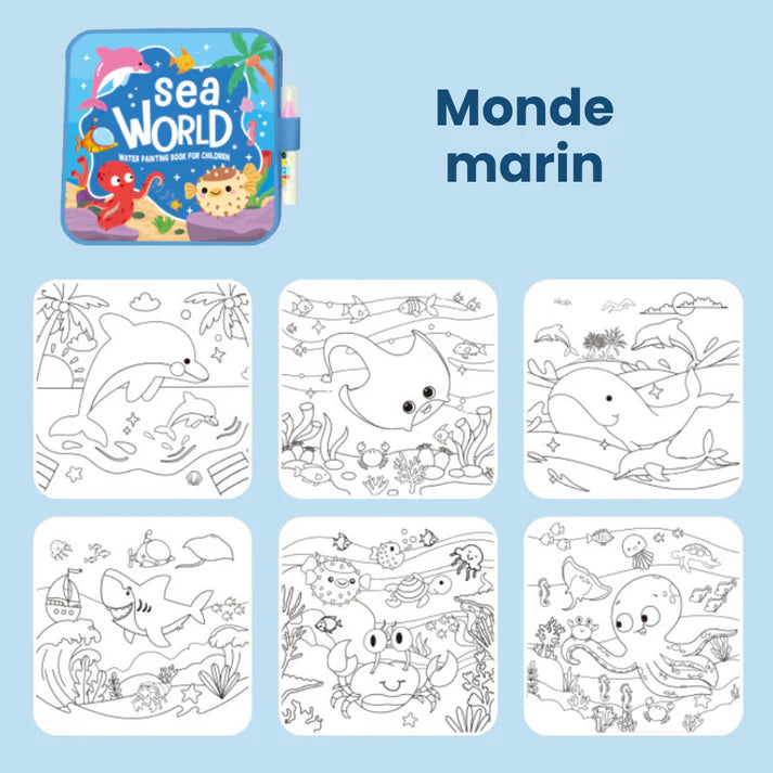 Livre de coloriage magique thème monde marin avec dessins de dauphin, baleine et pieuvre