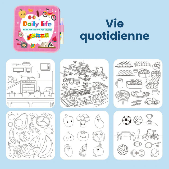 Livre de coloriage magique thème vie quotidienne avec dessins d’objets, aliments et activités du quotidien