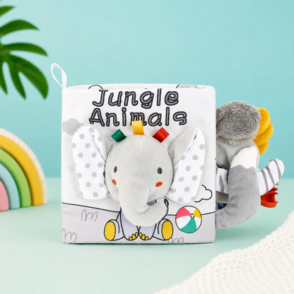 Livre sensoriel bébé Éveil Animalier avec éléphant en tissu pour développer l'éveil, la motricité fine et la curiosité.