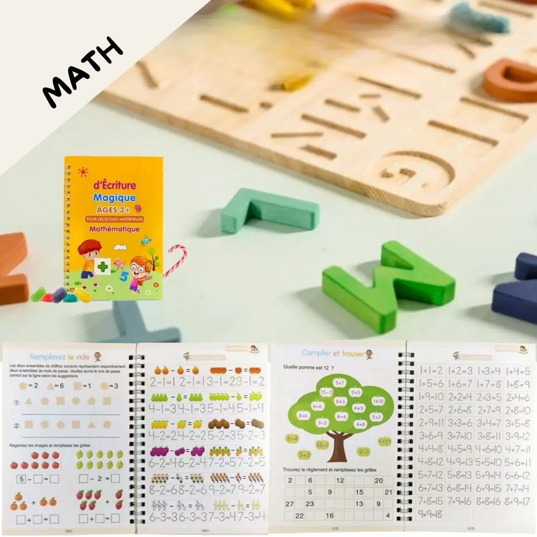 Exercices de mathématiques dans un cahier d’écriture magique Montessori pour enfant de 3 à 6 ans