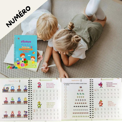 Enfants apprenant les numéros avec un cahier d’écriture magique Montessori 3 à 6 ans