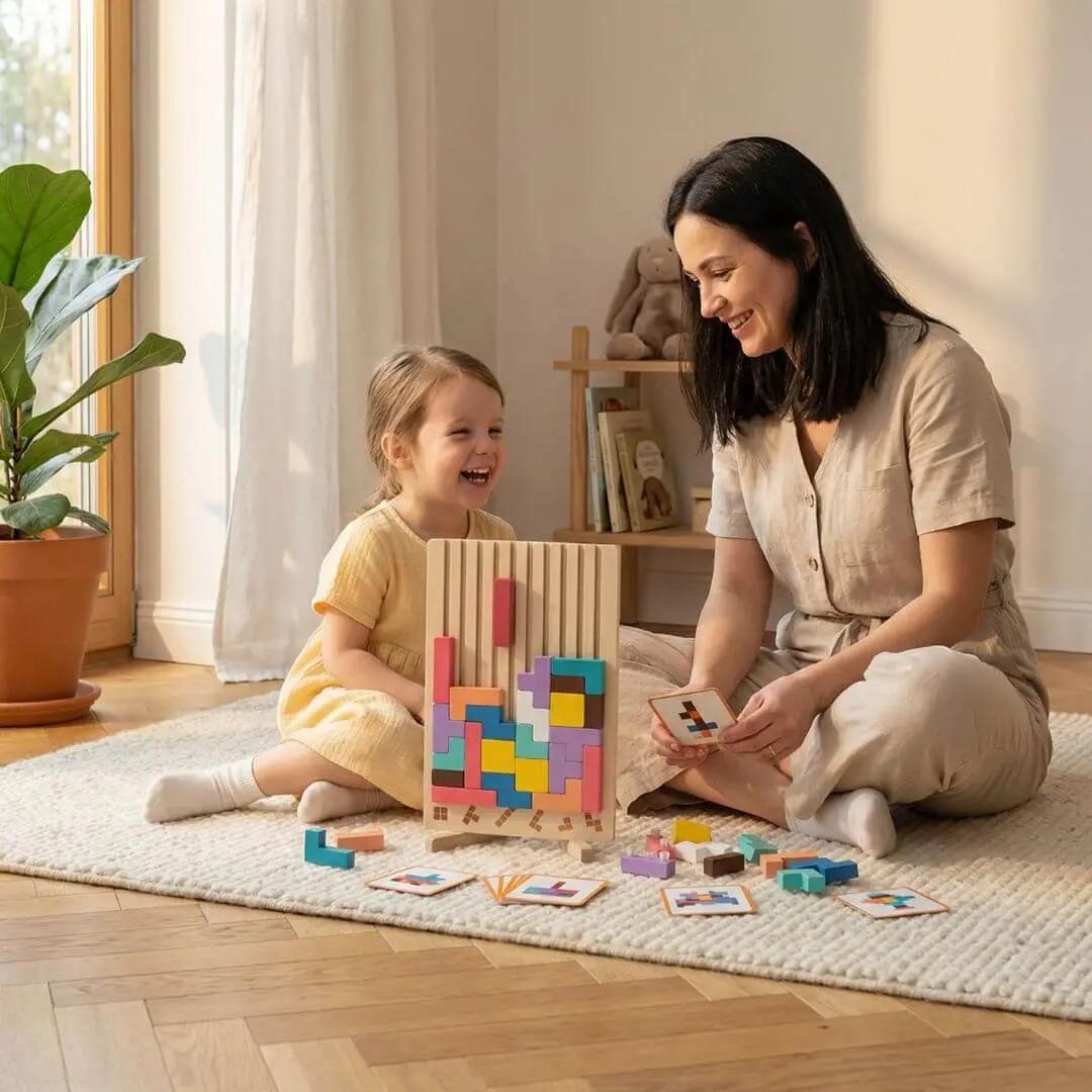 Maman et enfant jouant avec un puzzle Montessori éducatif en bois