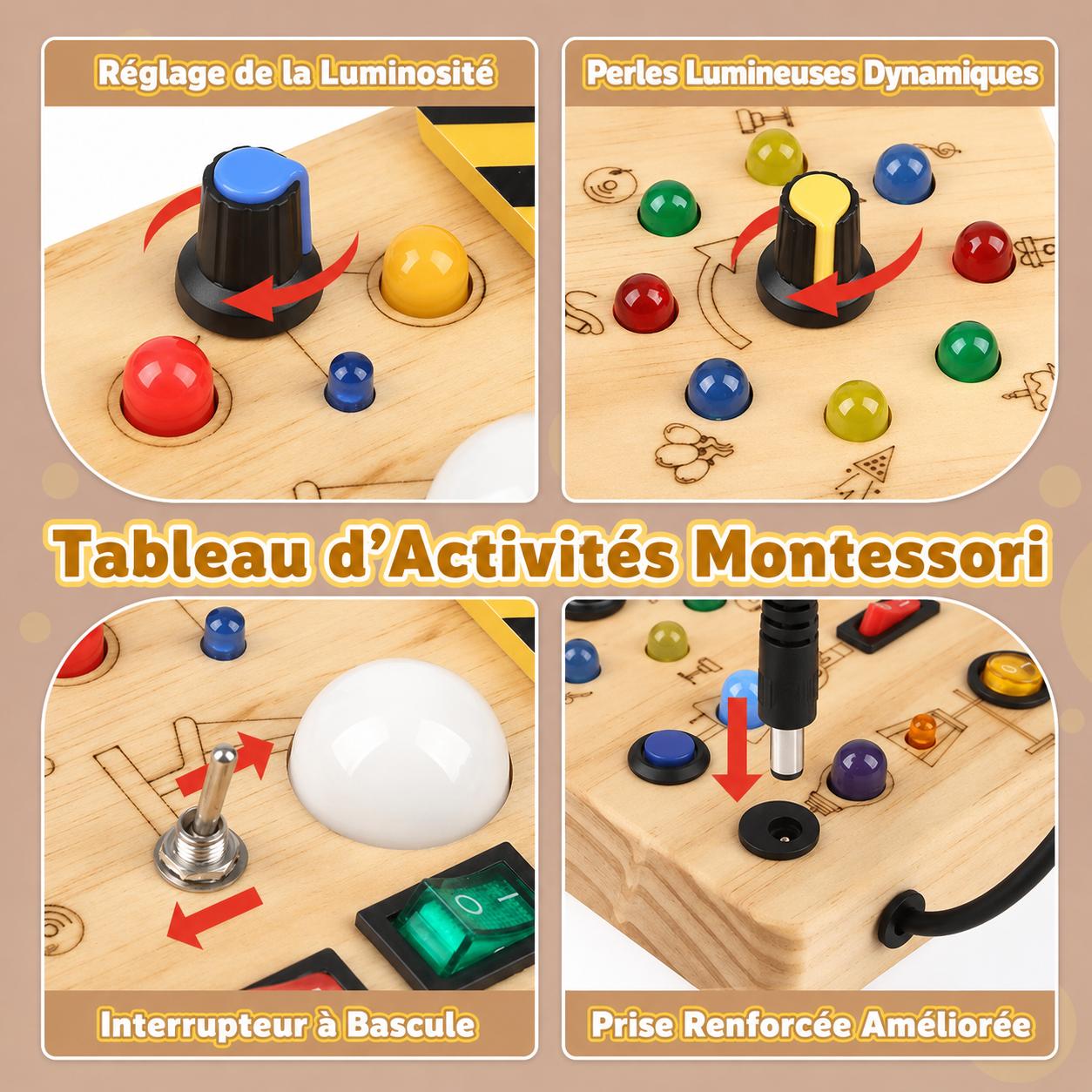Tableau d’activités Montessori LED avec interrupteurs et boutons sensoriels pour enfant dès 3 ans