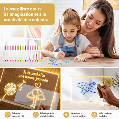 Enfant utilisant un tableau lumineux créatif pour dessiner, stimuler son imagination et développer sa motricité fine