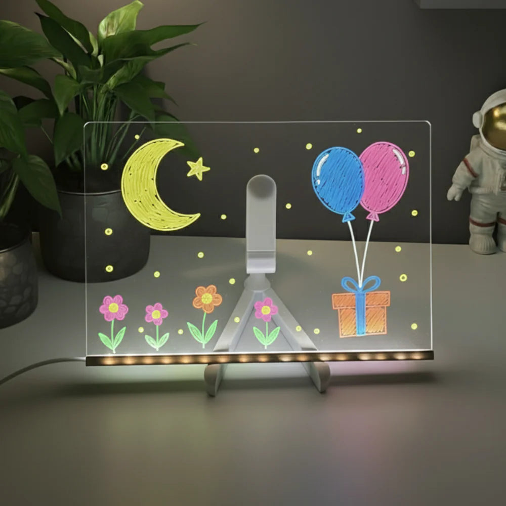 Tableau lumineux enfant avec dessins colorés LED visibles dans la nuit