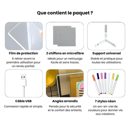 Contenu du tableau magique lumineux LED enfant avec stylos néon et câble USB