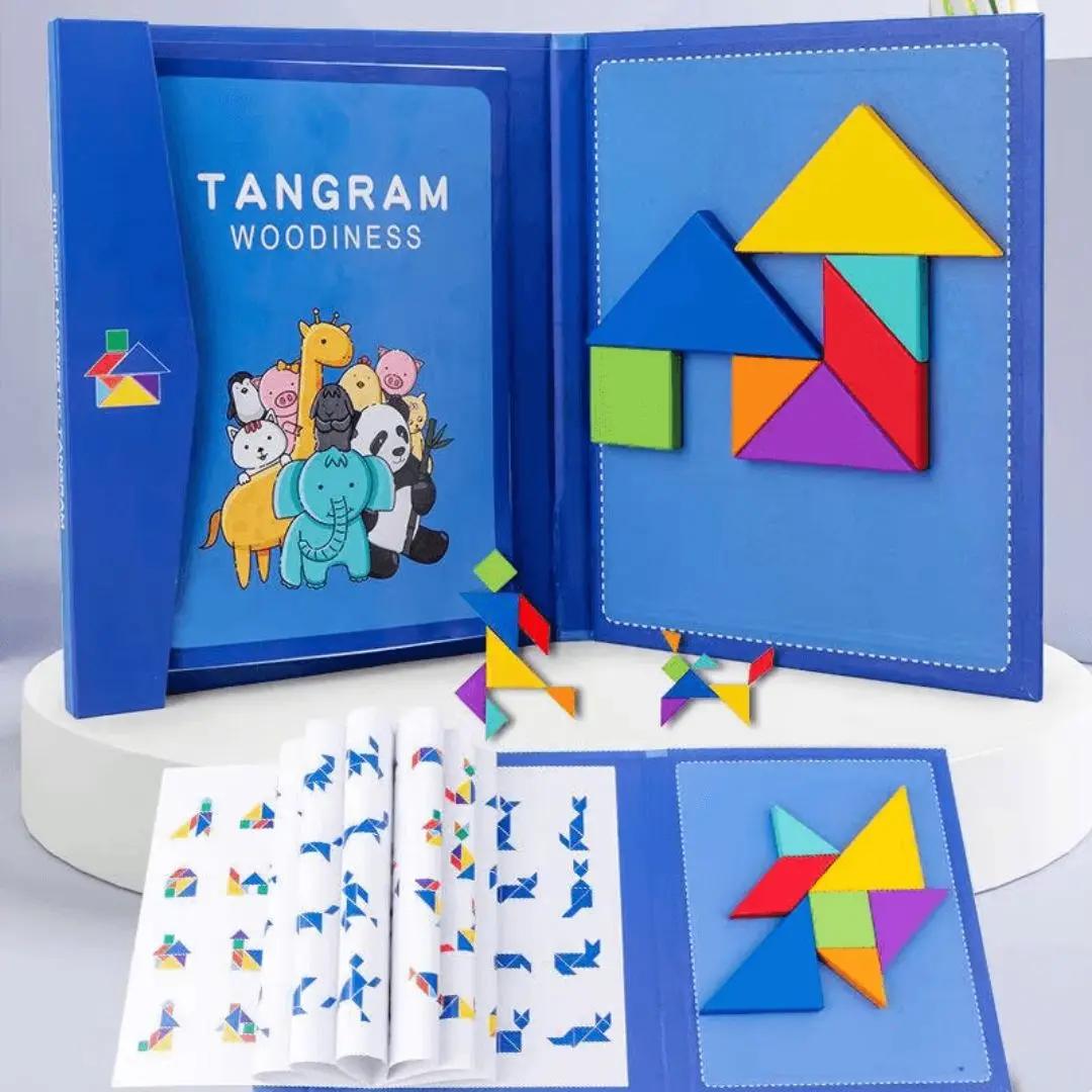 Tangram Montessori magnétique en format livre avec modèles à reproduire