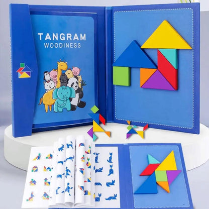 Tangram Montessori magnétique en format livre avec modèles à reproduire