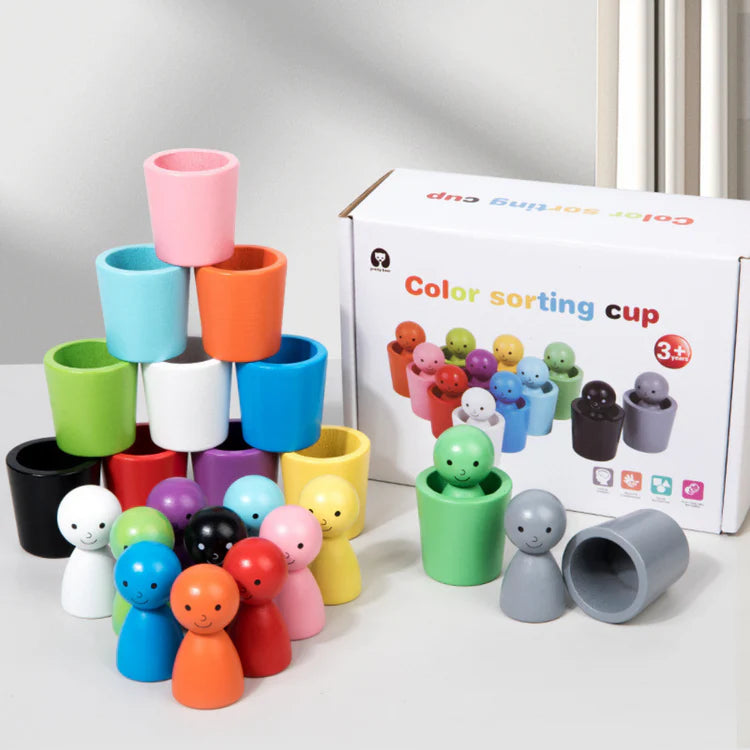 Jeu de tasses Montessori en bois avec figurines colorées et boite de rangement pour enfant 3 ans