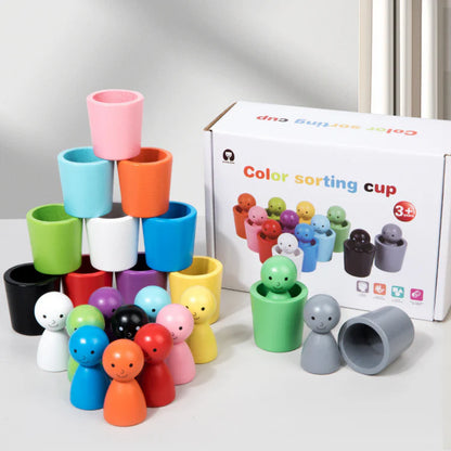Jeu de tasses Montessori en bois avec figurines colorées et boite de rangement pour enfant 3 ans