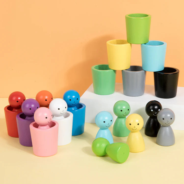 Jeu de tasses Montessori en bois colorées pour tri et empilage developpant la motricite fine des enfants