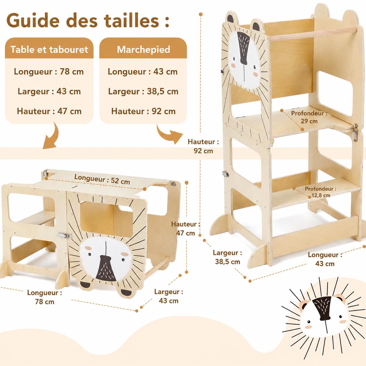 Guide des tailles de la tour d’observation Montessori 3 en 1 transformable en table et tabouret pour enfant
