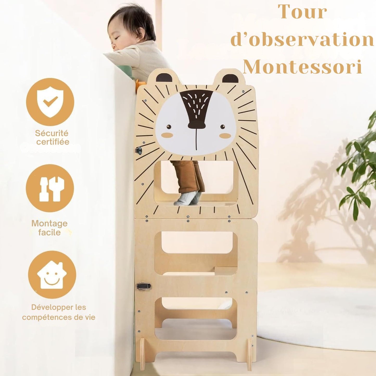 Tour d’observation Montessori en bois avec enfant – modèle sécurisé et évolutif