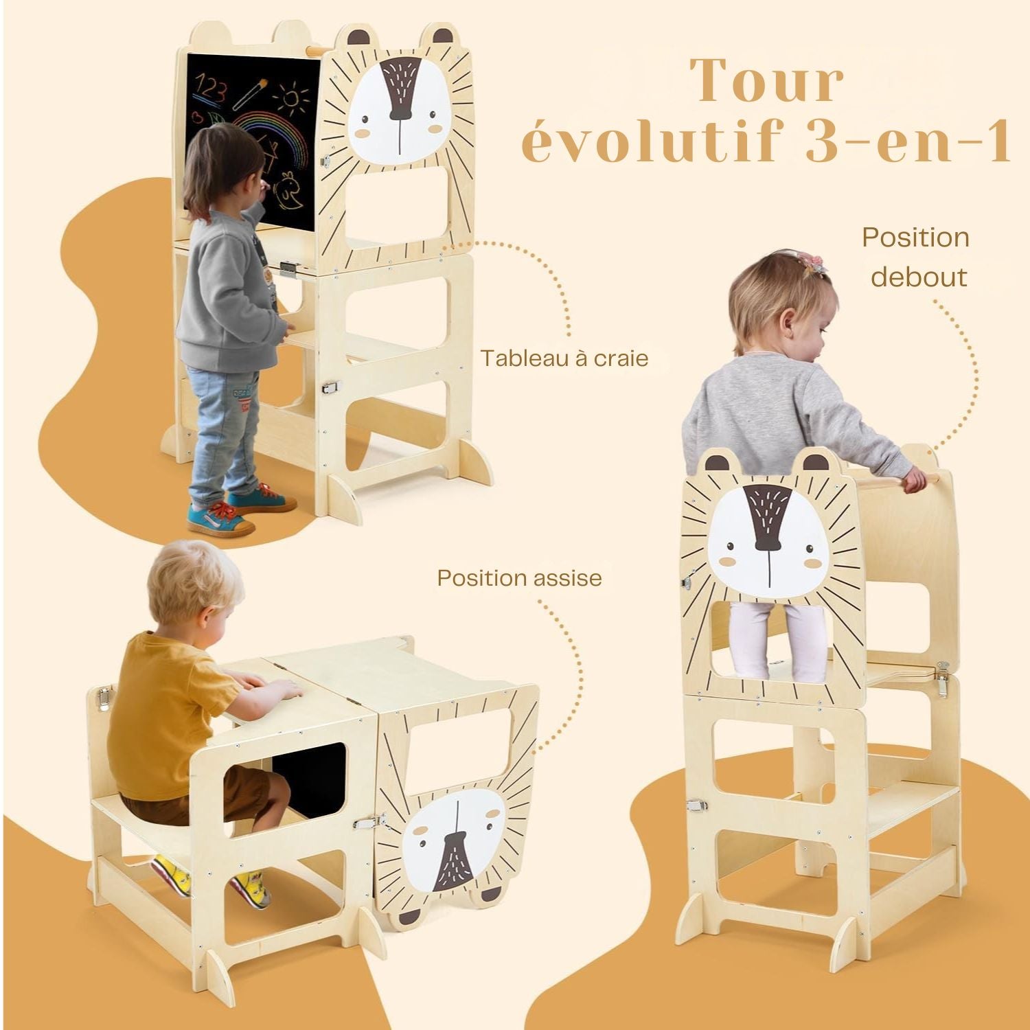 Tour d’observation Montessori évolutive 3 en 1 avec positions debout, assise et tableau à craie