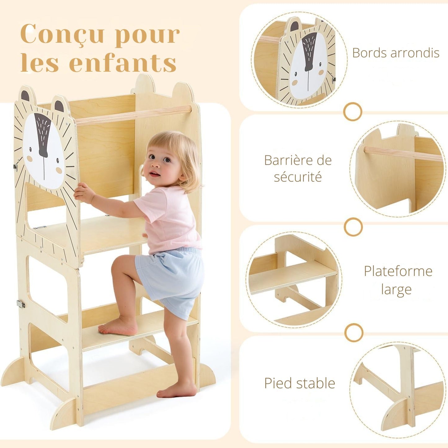 Tour d’observation Montessori sécurisée en bois avec barrière et plateforme stable pour enfant