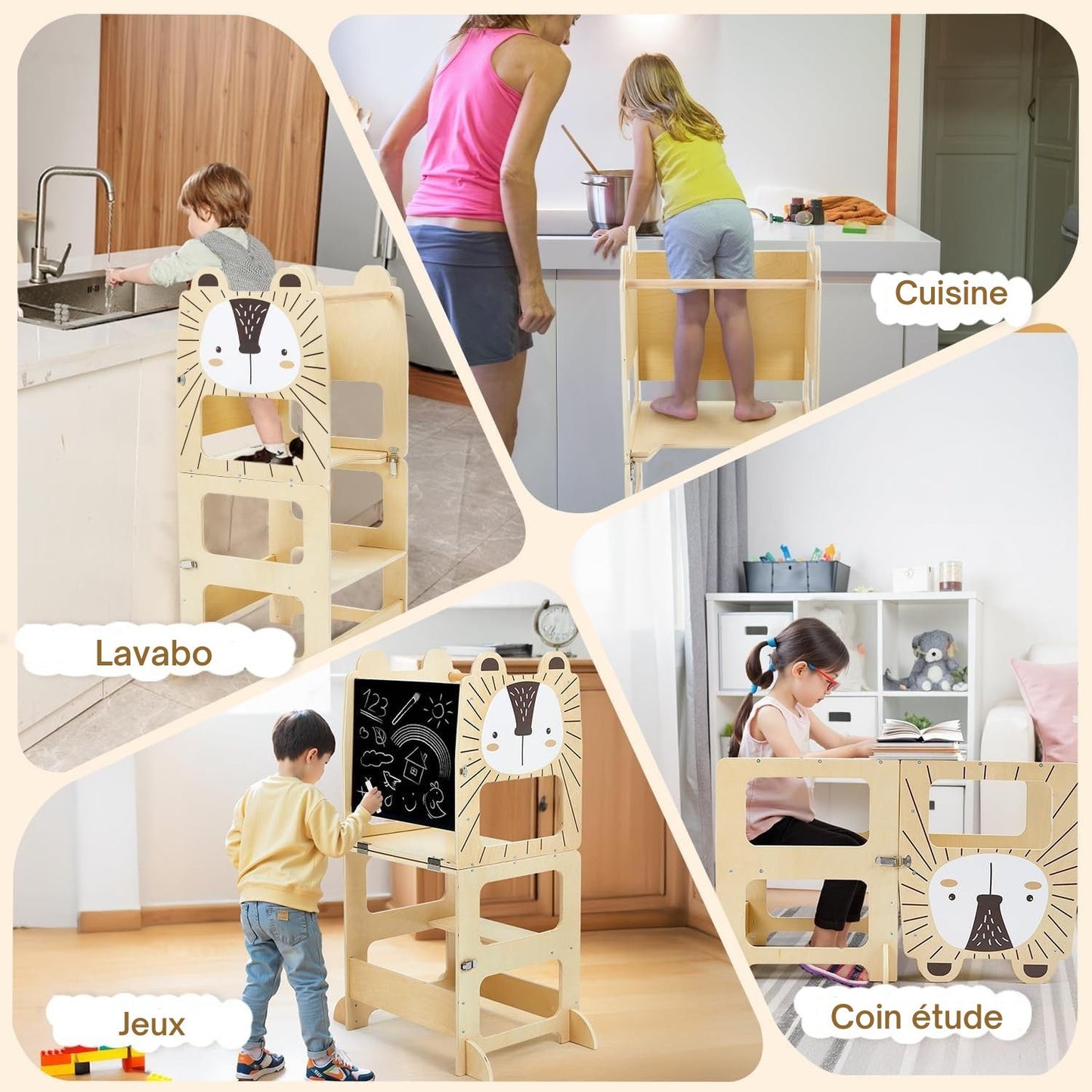 Tour d’observation Montessori utilisée par des enfants en cuisine, au lavabo et en coin étude