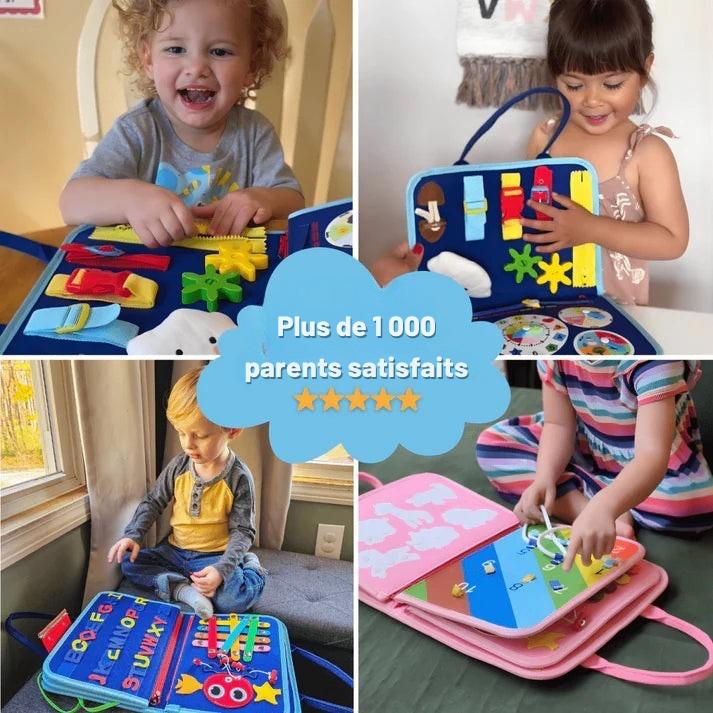 Enfants jouant avec la valisette d’activités Montessori – avis positifs de parents satisfaits