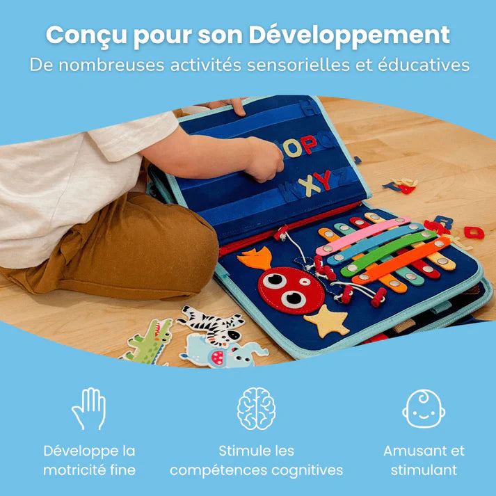 Enfant jouant avec une valisette d’activités Montessori pour stimuler son développement et sa motricité fine