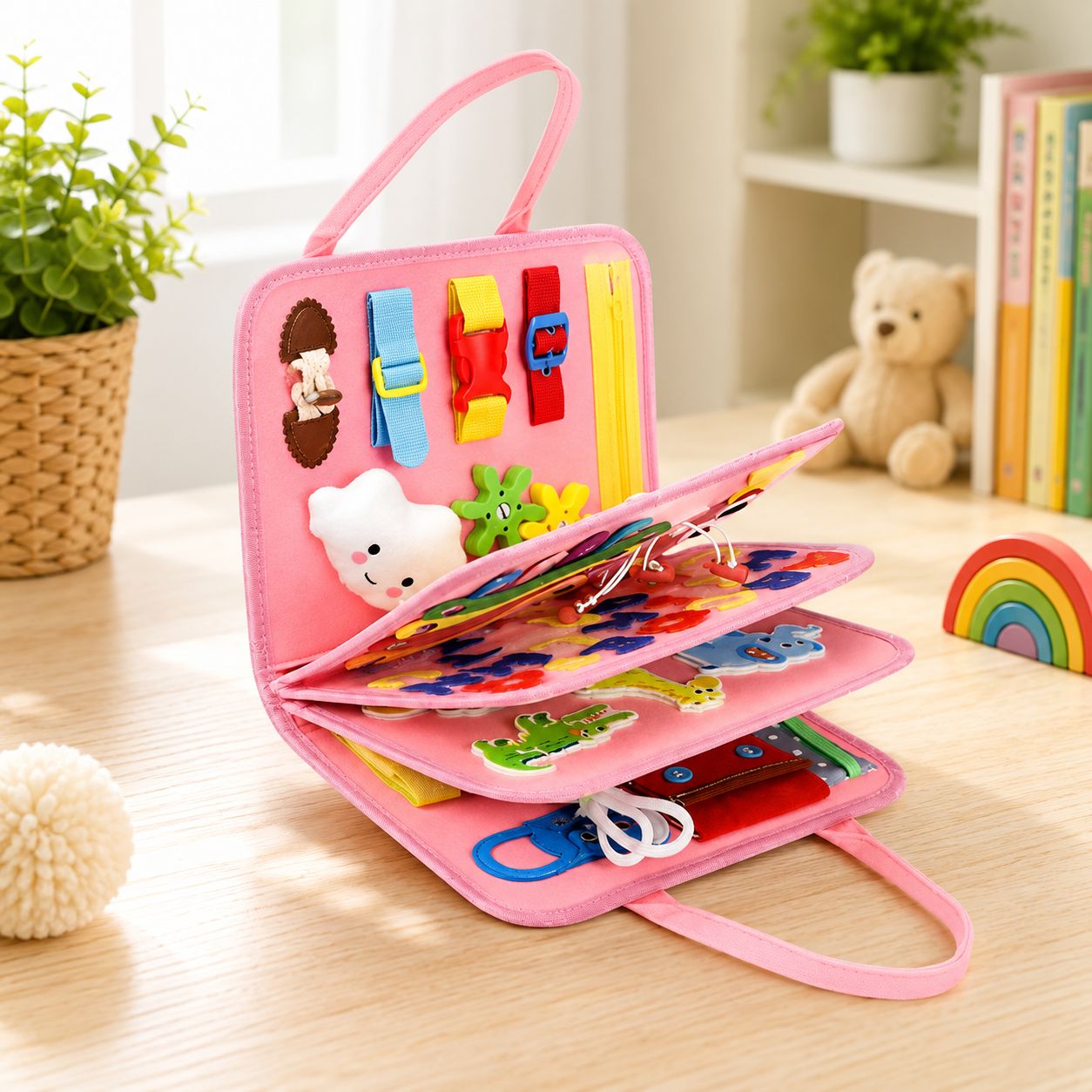 Valisette d’activités Montessori rose ouverte avec jeux éducatifs et activités de motricité fine